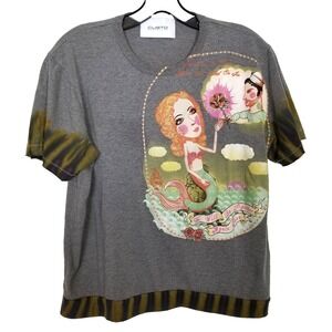 Custo Barcelona Women Graphic T-shirt Sz L Gray Short Sleeve Cotton Artsy Y2K